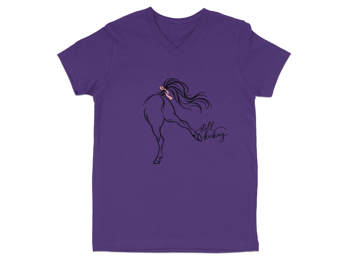 Purple v-neck t-shirt with a line drawing of a horse kicking and the text "still kicking."