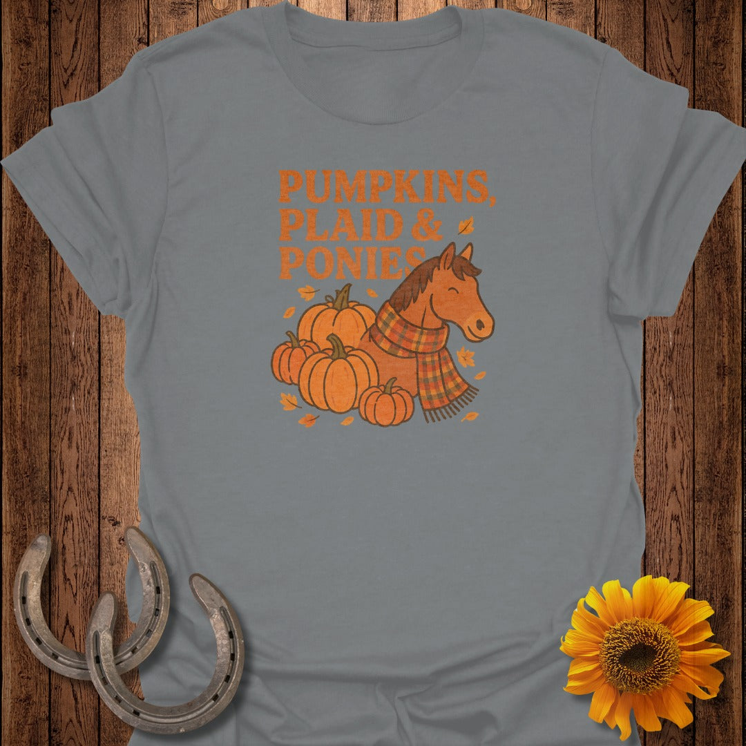"Pumpkins, Plaid & Ponies" text with a horse and pumpkins design.