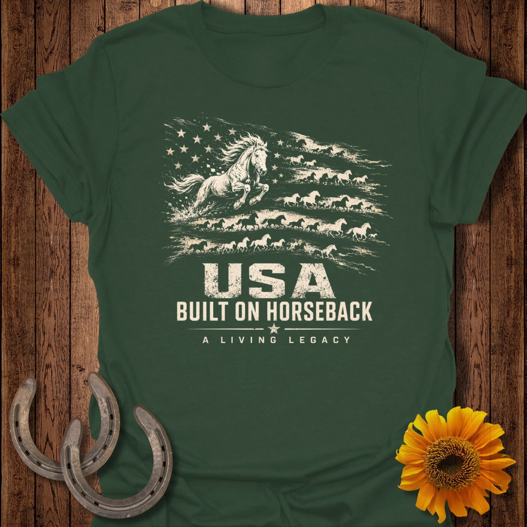 Green t-shirt with American flag design made of horses and "USA Built on Horseback" text.