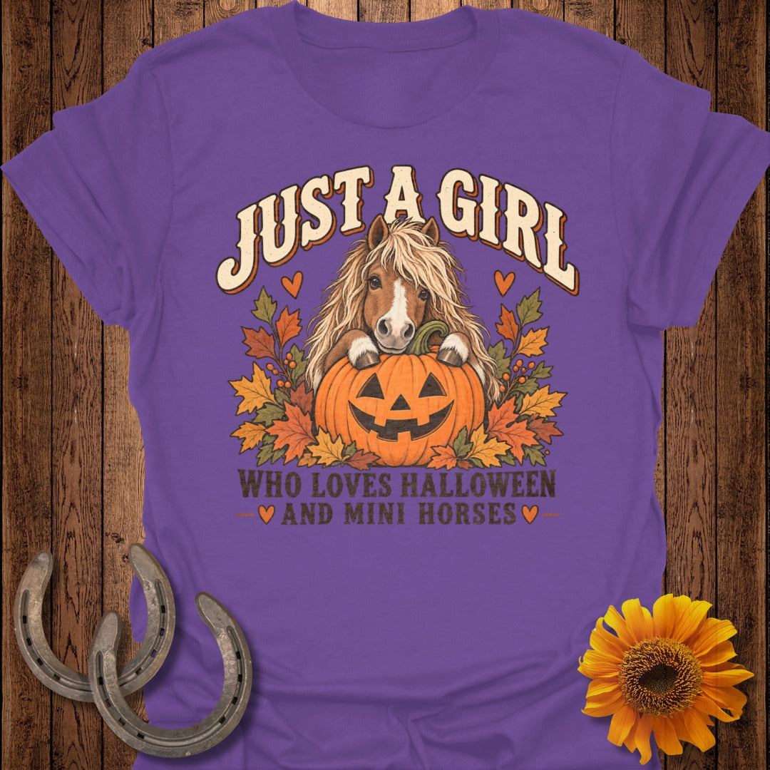 Purple t-shirt with "Just a girl who loves Halloween and mini horses" and horse/pumpkin graphic.