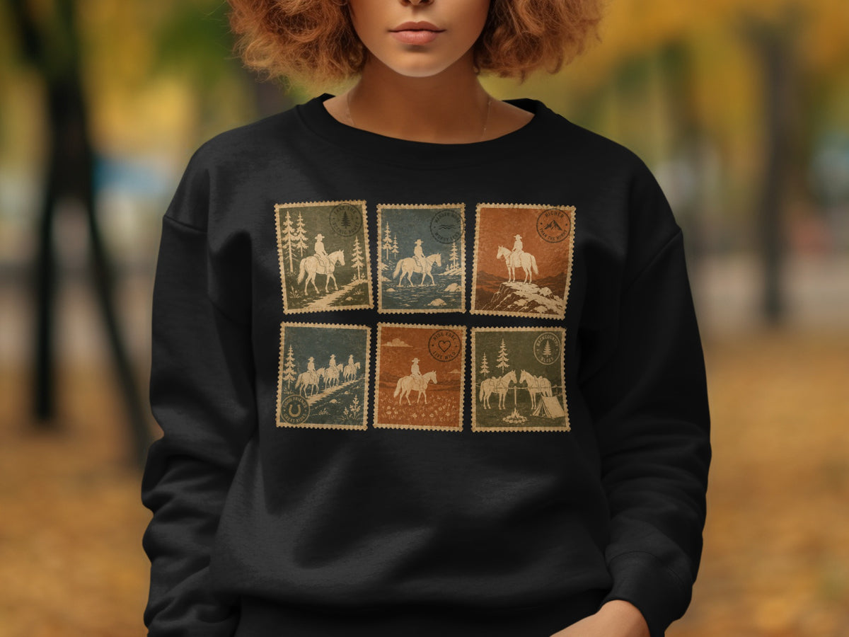 Black sweatshirt with six vintage stamp designs featuring people riding horses.
