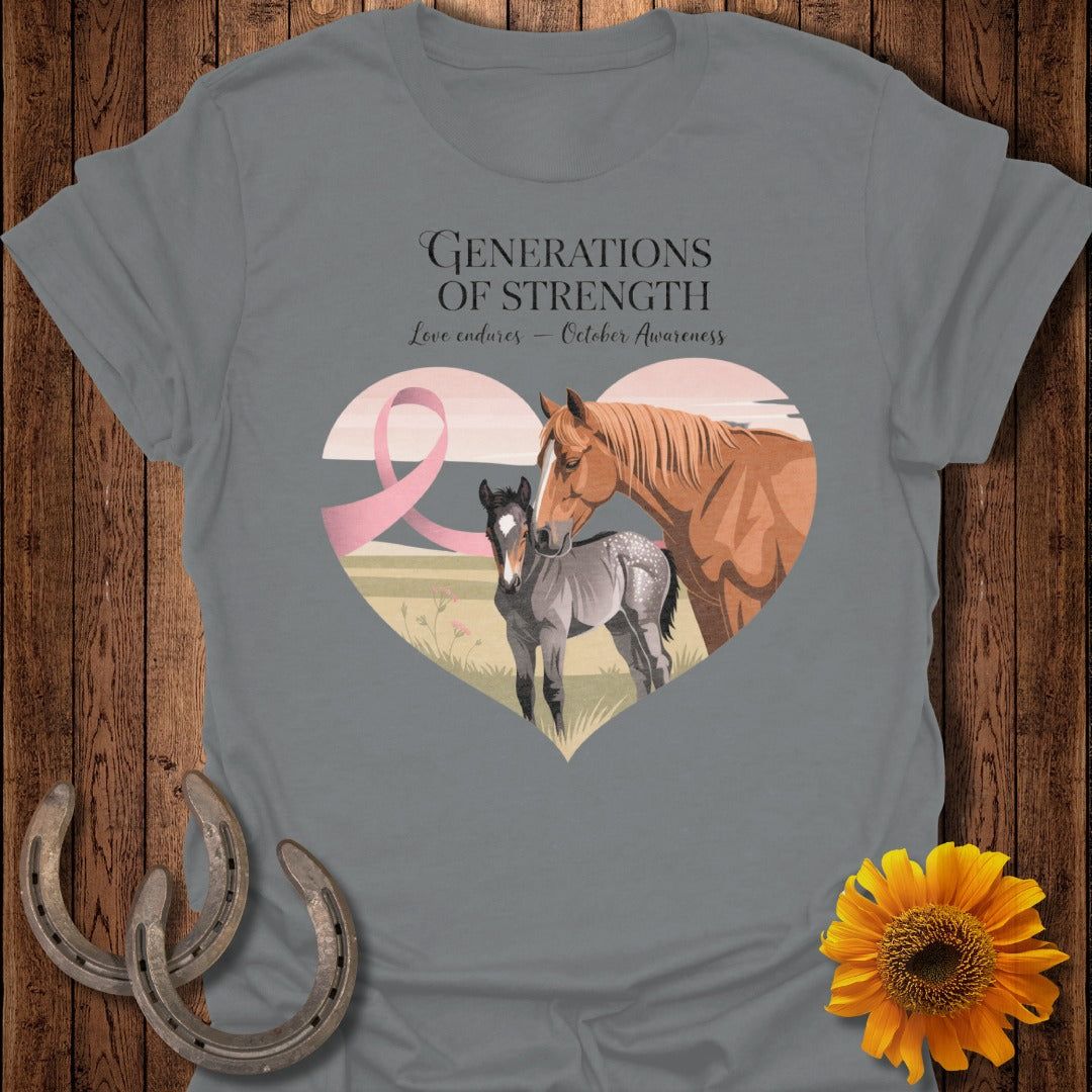 Horse and foal within a heart, with pink ribbon and text: "GENERATIONS OF STRENGTH Love endures - October Awareness".