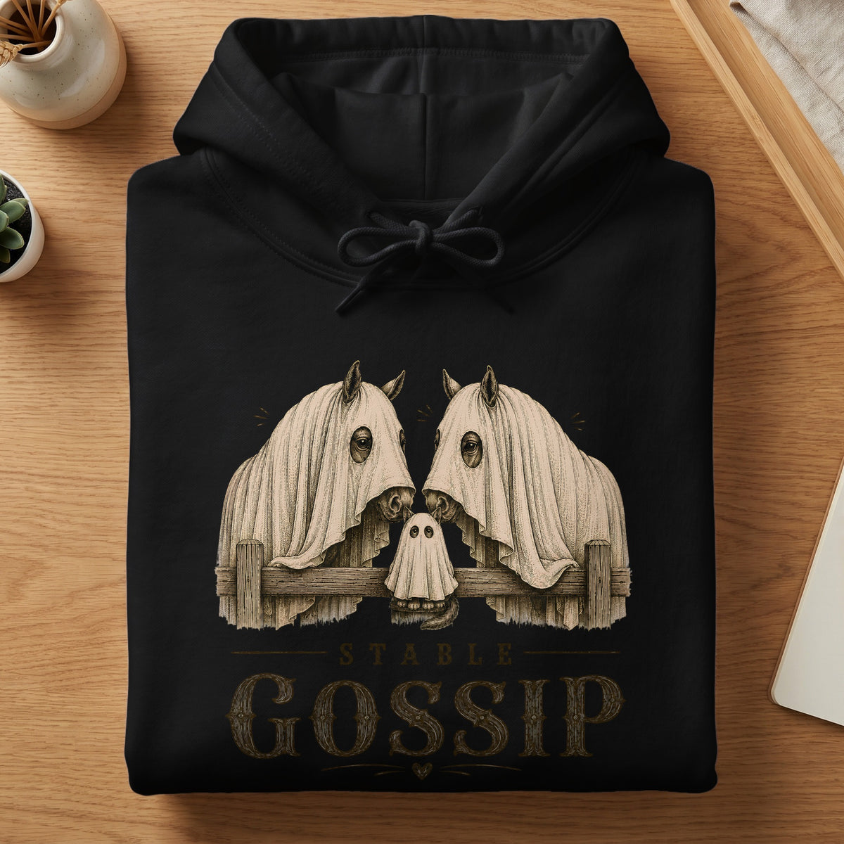 Black hoodie with two horses in ghost costumes and a small ghost above "Stable Gossip" text.