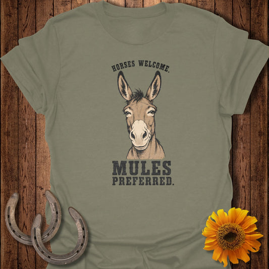 T-shirt with mule graphic and text "Horses Welcome. Mules Preferred."