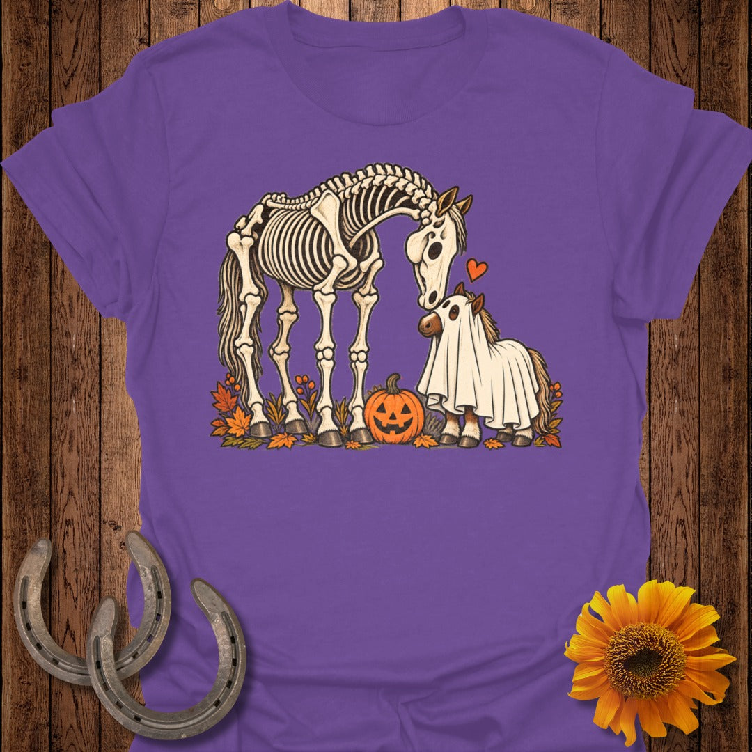 Skeleton horse and tiny ghost horse with pumpkin and autumn leaves.