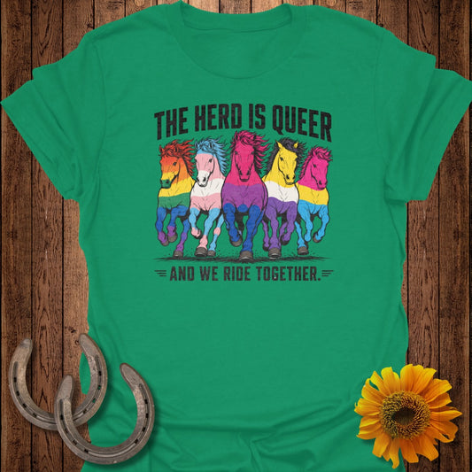 Horses in pride flag colors with text "The Herd is Queer and We Ride Together".