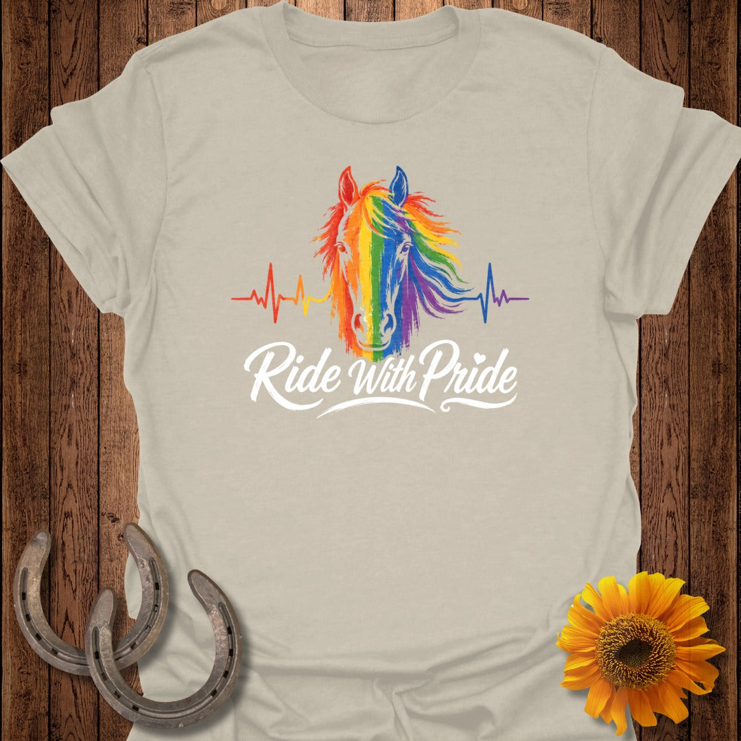 Rainbow mane horse with heartbeat and "Ride With Pride" text on shirt.