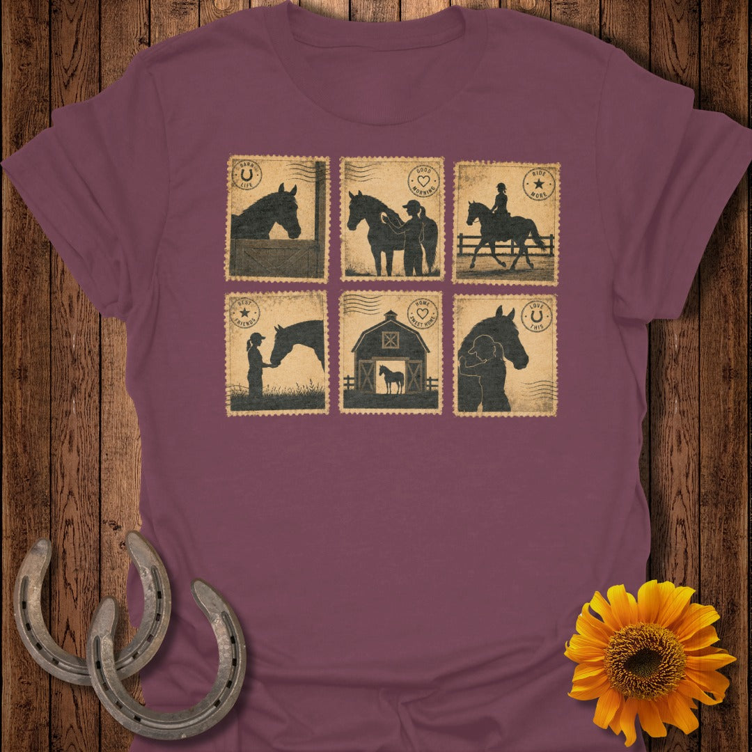 T-shirt with six postage stamp-like images of horses and equestrian scenes.