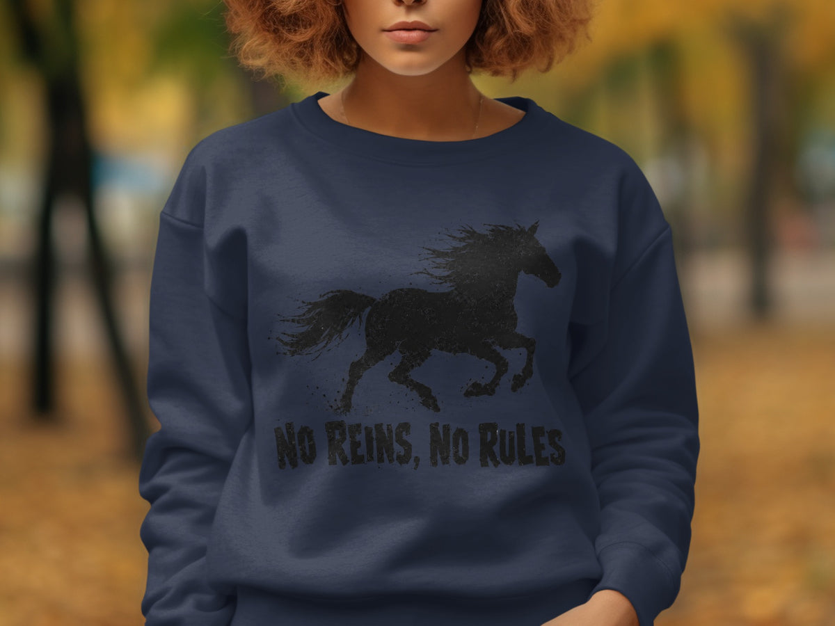 Dark blue sweatshirt with black horse graphic and text "No Reins, No Rules".