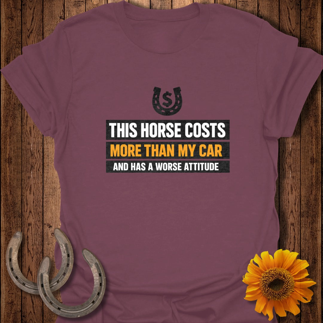 Maroon t-shirt with text: "THIS HORSE COSTS MORE THAN MY CAR AND HAS A WORSE ATTITUDE".