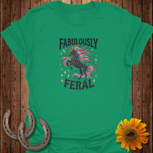 Green t-shirt with a black unicorn and "FABULOUSLY FERAL" text.