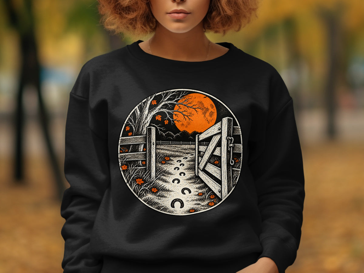 Circular graphic of a moonlit farm gate with horseshoe path and autumn leaves.