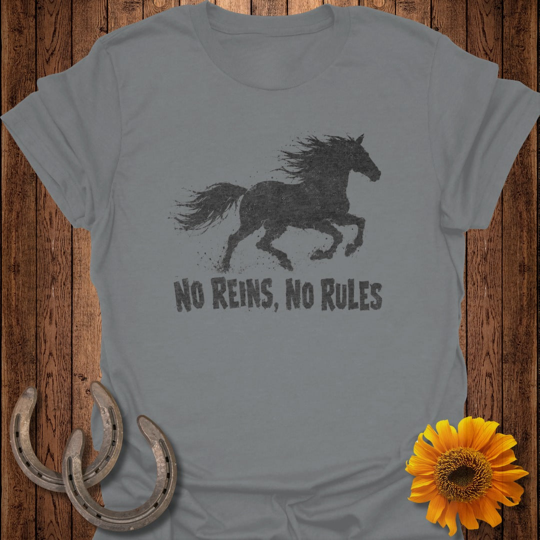 Grey t-shirt with a running horse graphic and "No Reins, No Rules" text.
