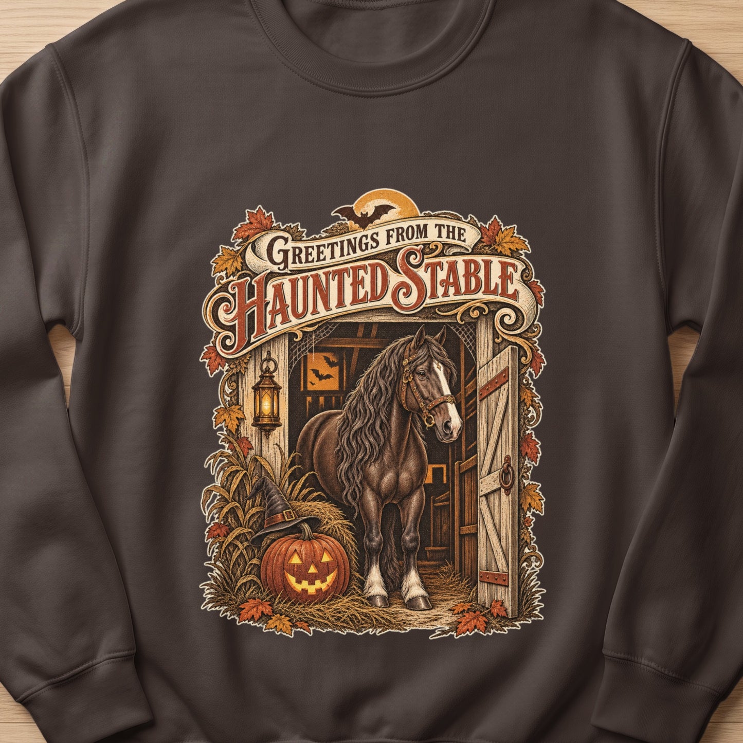 Horse in a stable with Halloween decorations and "Greetings From The Haunted Stable" text.