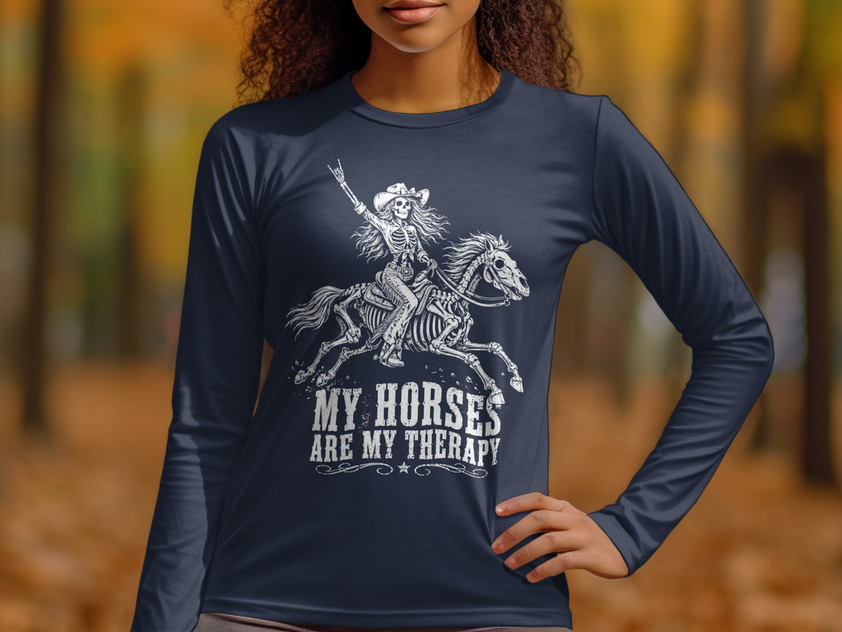 Skeleton rider on horse with text "MY HORSES ARE MY THERAPY".