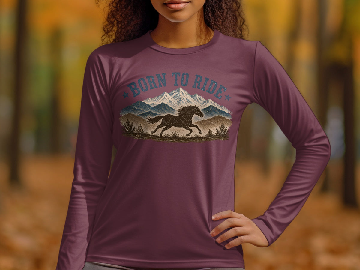 Maroon long-sleeve shirt with "Born to Ride" and a running horse graphic.