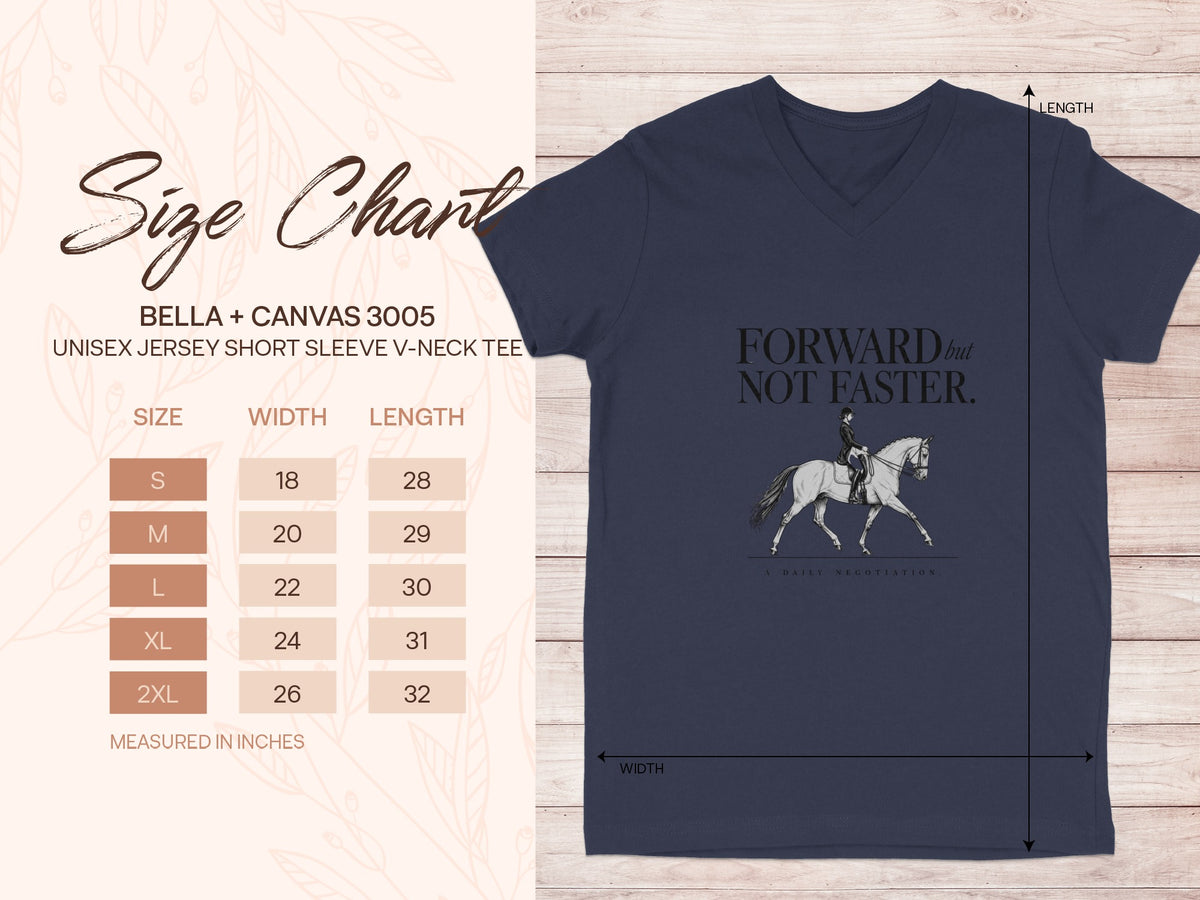 Navy v-neck tee with "FORWARD but NOT FASTER." text and equestrian graphic. Size chart displayed.