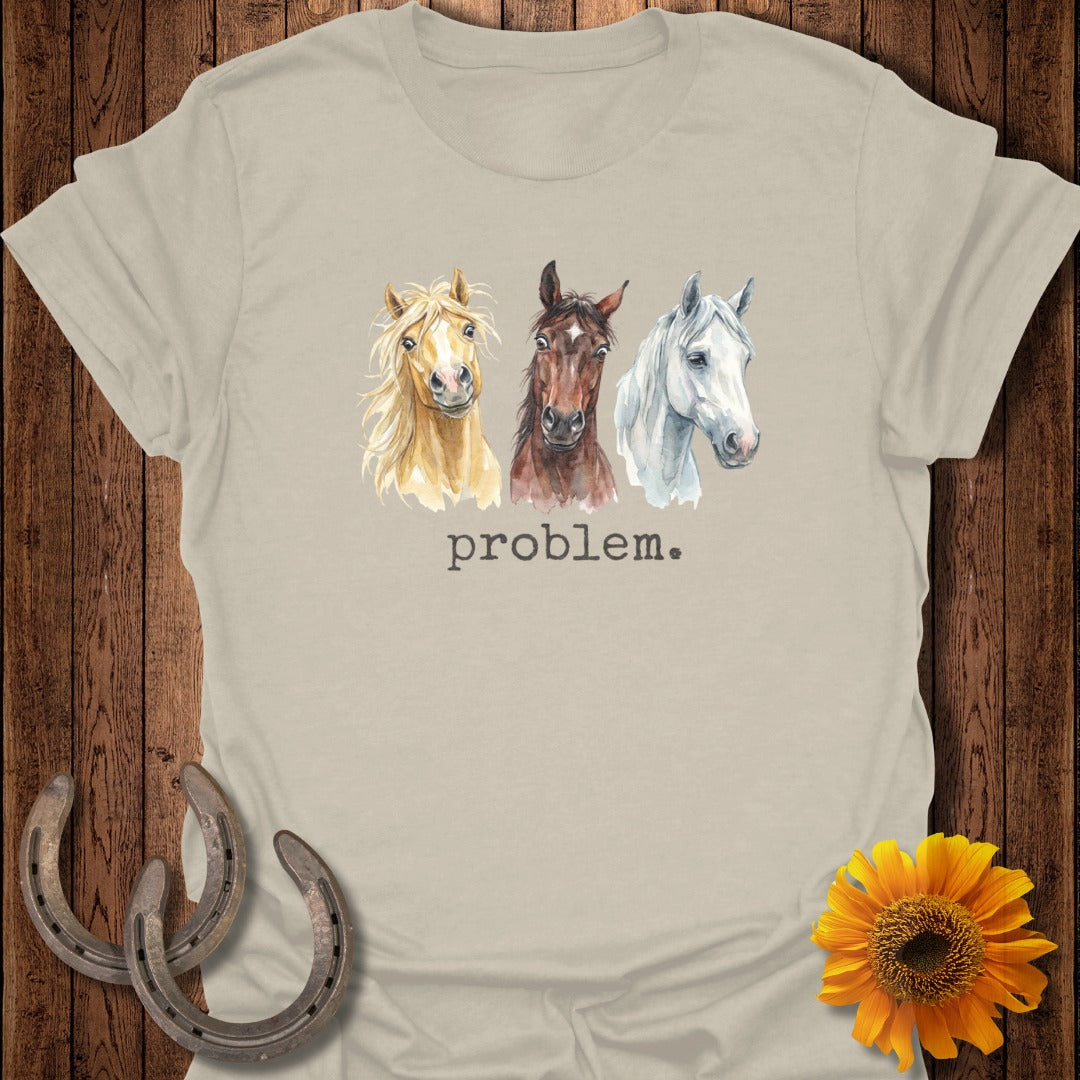 Three horses, one light brown, one dark brown, and one white, with "problem." text.