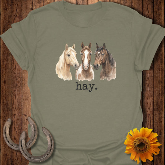 Three watercolor horses with "hay." text above two horseshoes and a sunflower.