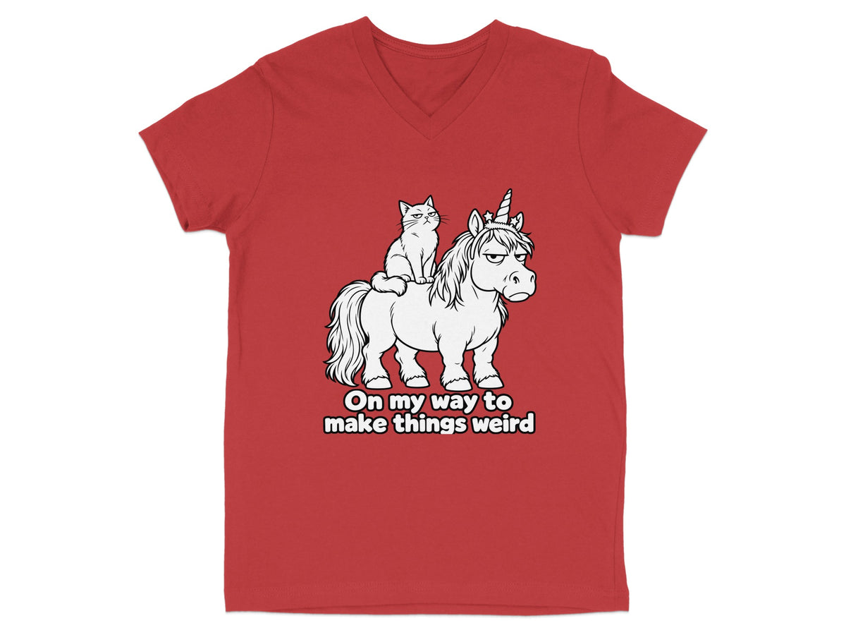 Red t-shirt with a cat riding a grumpy unicorn with text "On my way to make things weird."