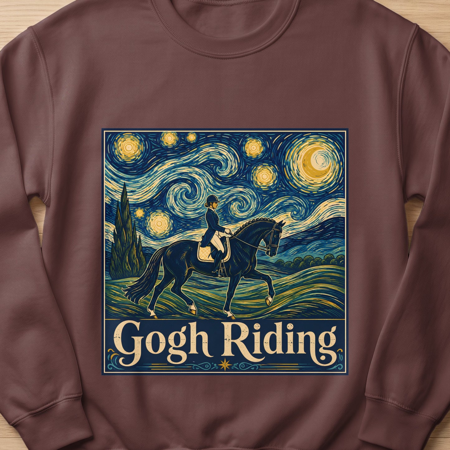 Artwork of a rider on horseback in a Van Gogh-style night sky with text "Gogh Riding".