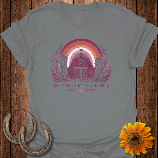 Gray t-shirt with barn, rainbow, and text "EVERY BARN NEEDS A RAINBOW".