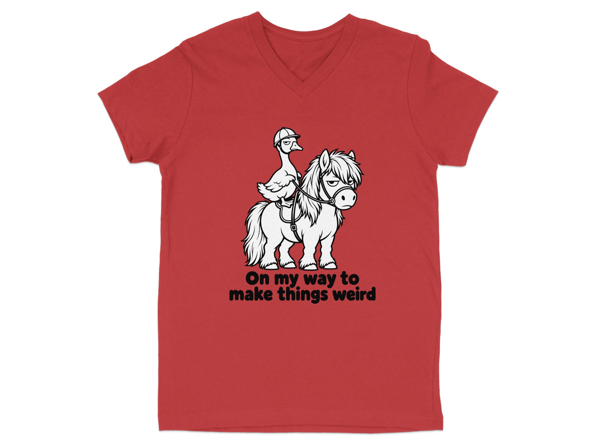 Duck in a hat rides a pony with the text "On my way to make things weird".