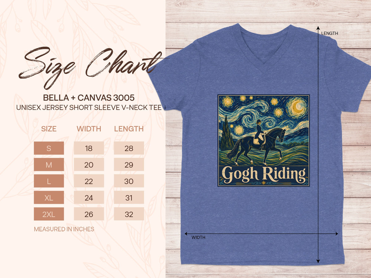 Bella + Canvas 3005 t-shirt with Van Gogh's "Starry Night" riding graphic and size chart.