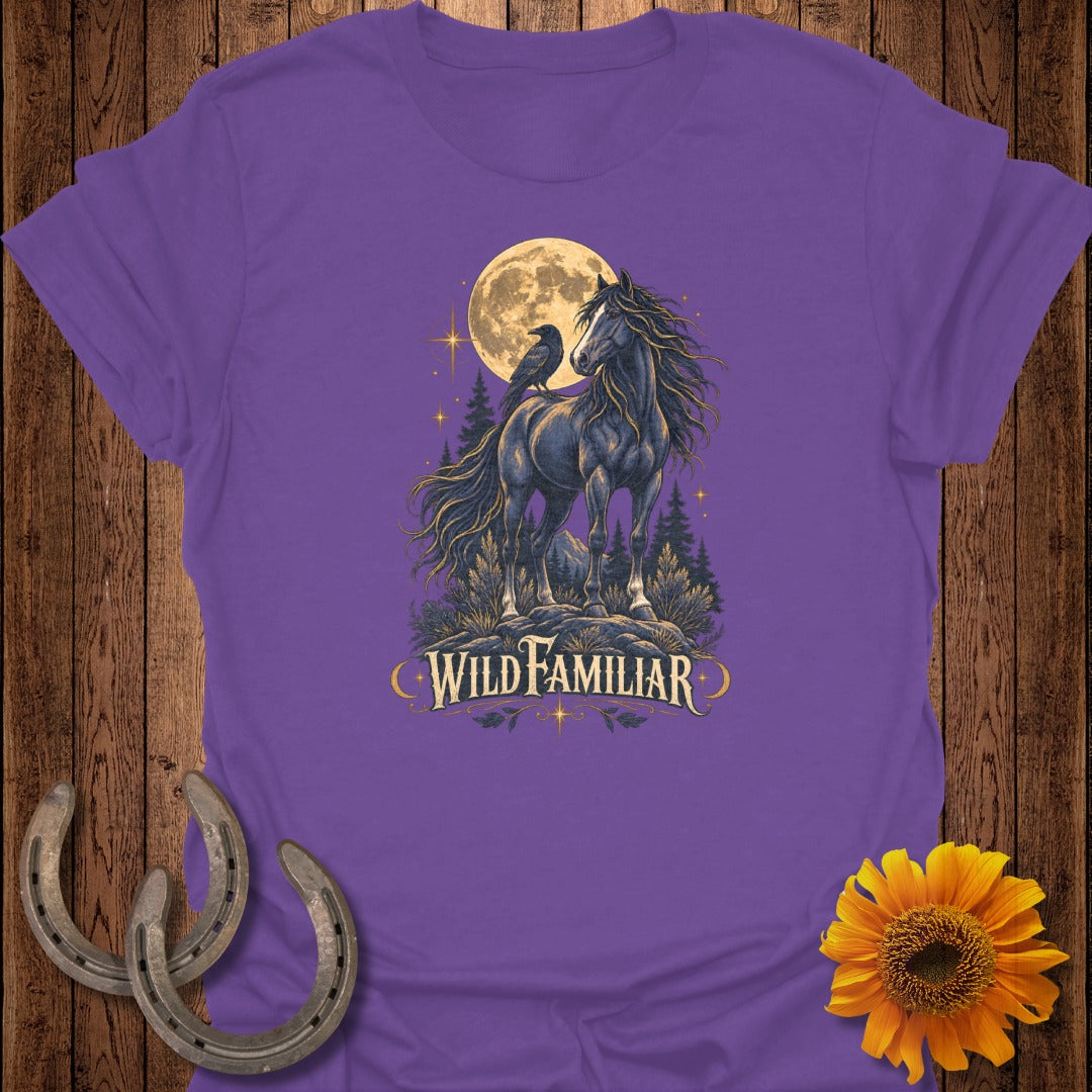 Black horse with raven under moon, text "WILD FAMILIAR", on purple t-shirt.