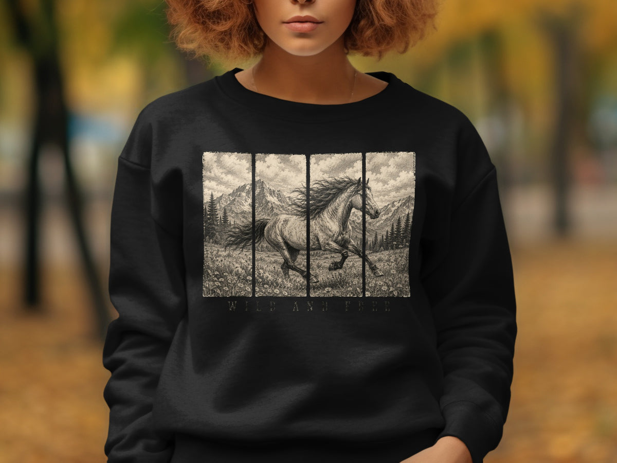 Black sweatshirt with a sepia-toned graphic of a horse running through a field with mountains.