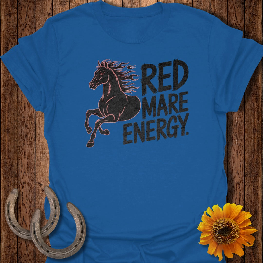 Blue t-shirt with black horse graphic and "RED MARE ENERGY" text.