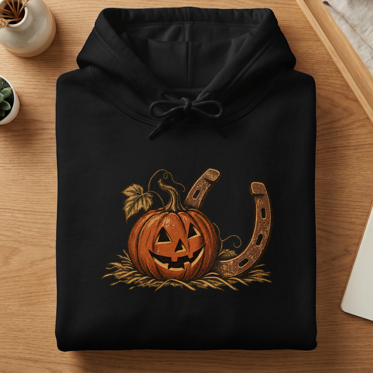 Black hoodie with a jack-o'-lantern and horseshoe graphic.