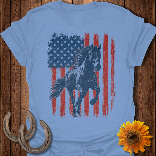 Blue t-shirt with distressed American flag and running horse graphic.