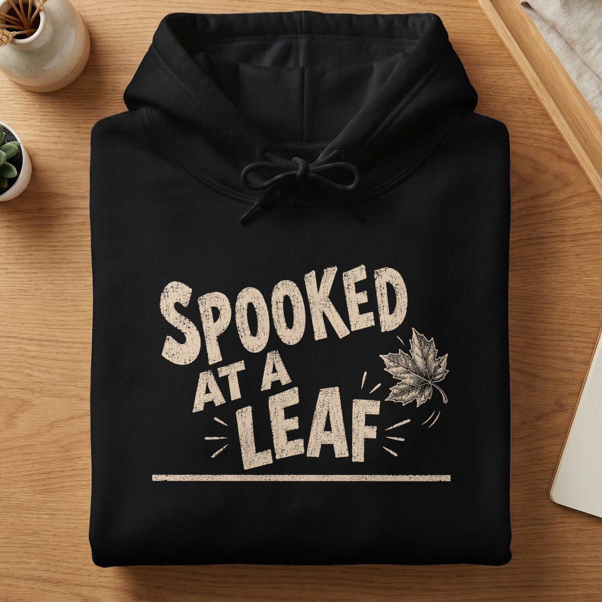 Black hoodie with "SPOOKED AT A LEAF" text and a falling leaf graphic.
