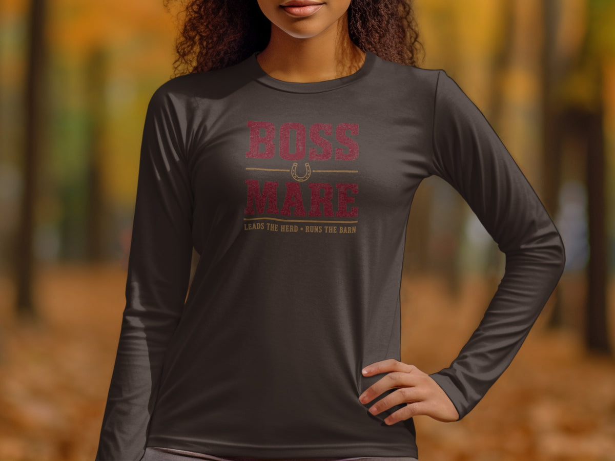 Dark gray long sleeve t-shirt with "BOSS MARE LEADS THE HERD RUNS THE BARN" text and horseshoe graphic.