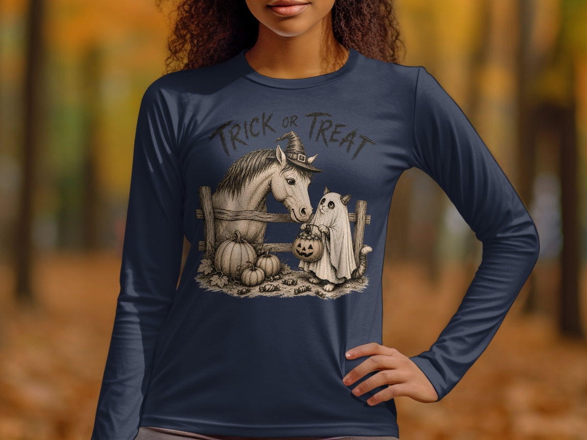 Horse in witch hat and ghost cat with pumpkins and candy, "Trick or Treat" text.