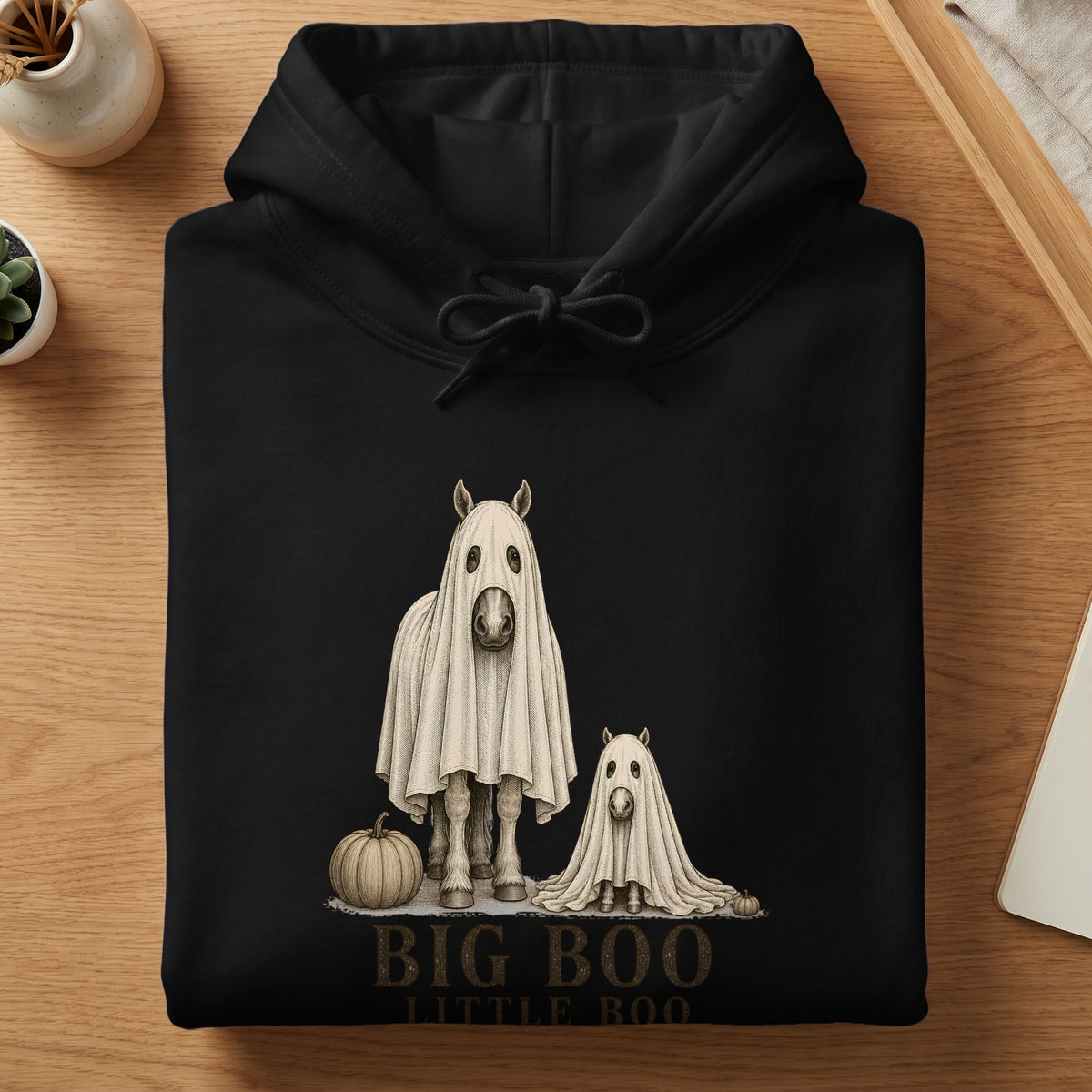 Black hoodie featuring two horses dressed as ghosts with pumpkins and text "BIG BOO LITTLE BOO".