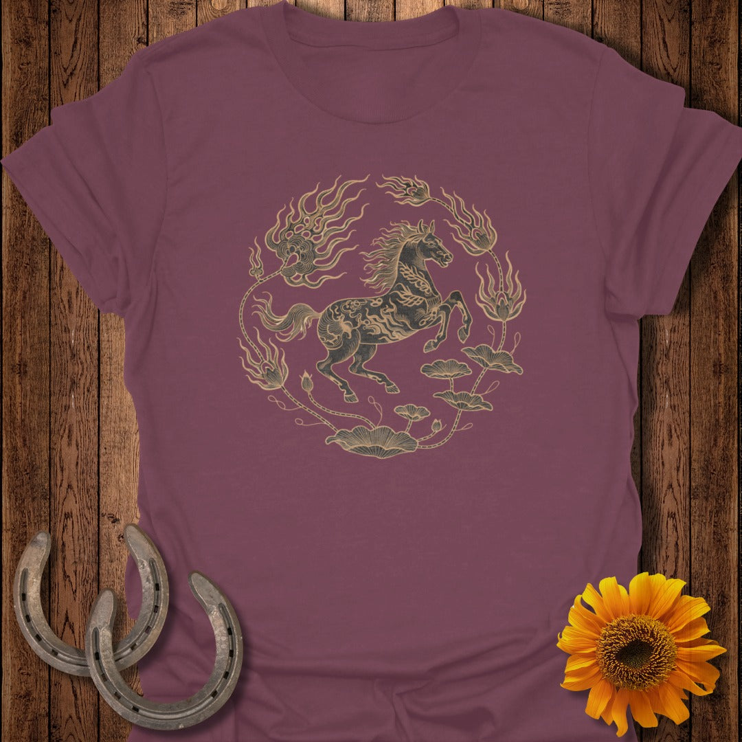 Burgundy t-shirt with a black horse design in a floral wreath.