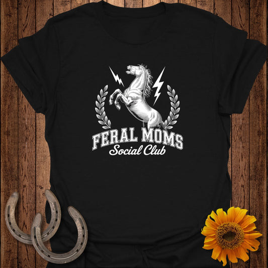 Black t-shirt with Feral Moms Social Club and horse graphic.