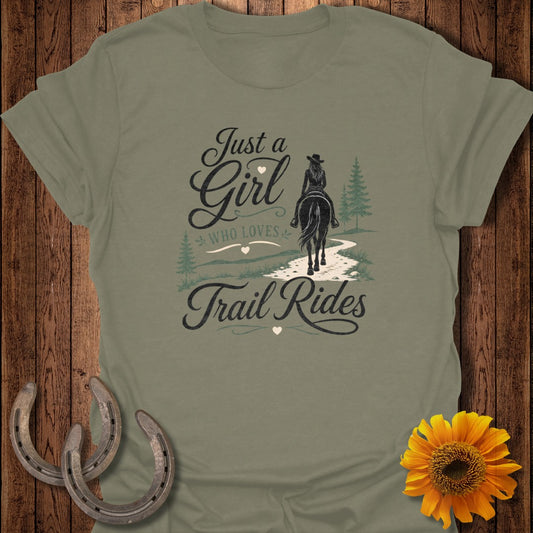 Girl on horseback with "Just a Girl Who Loves Trail Rides" text.