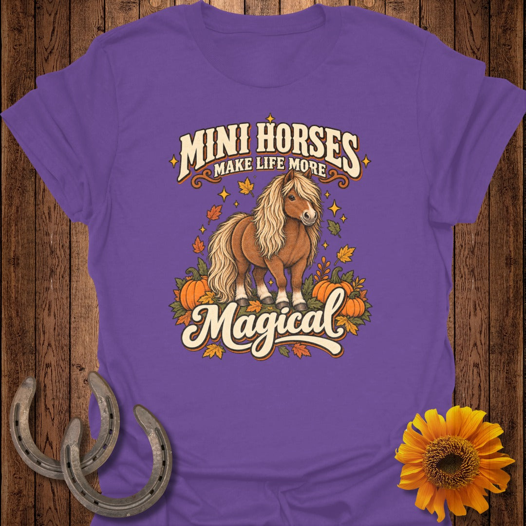 Purple t-shirt with "Mini Horses Make Life More Magical" text and a pony illustration.