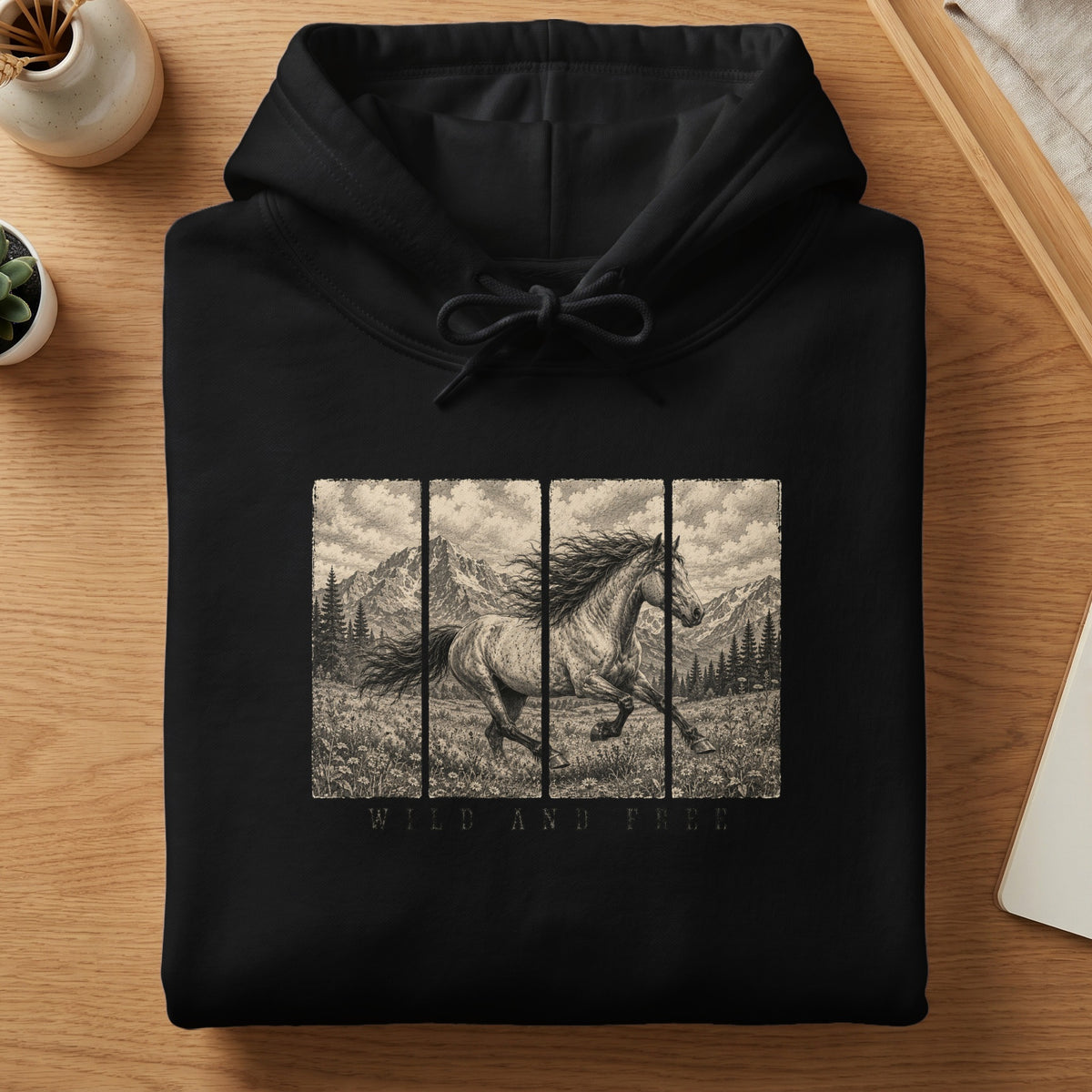 Black hoodie with a vintage horse graphic and the text "WILD AND FREE."
