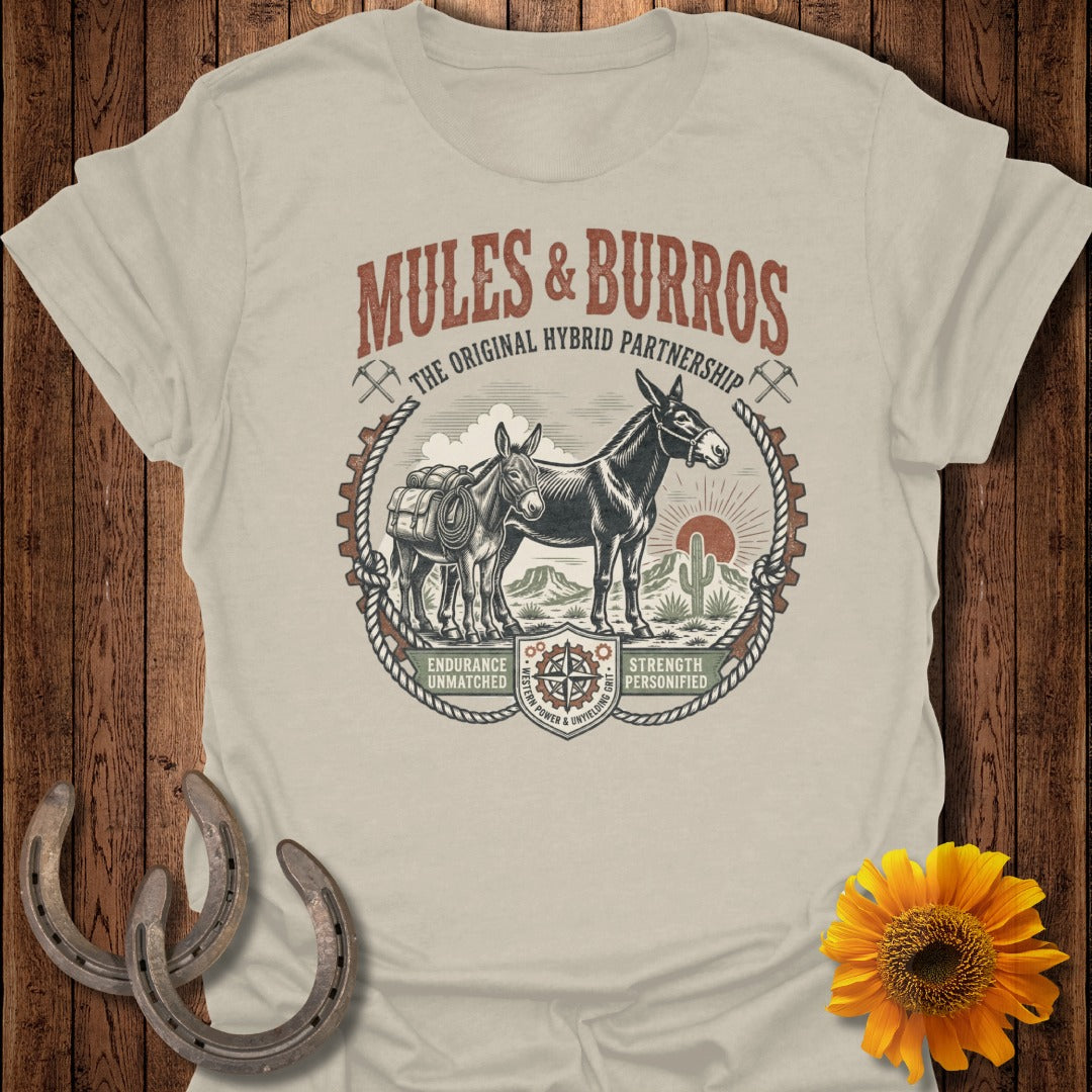 Mules & Burros t-shirt with desert design and horseshoe accents.
