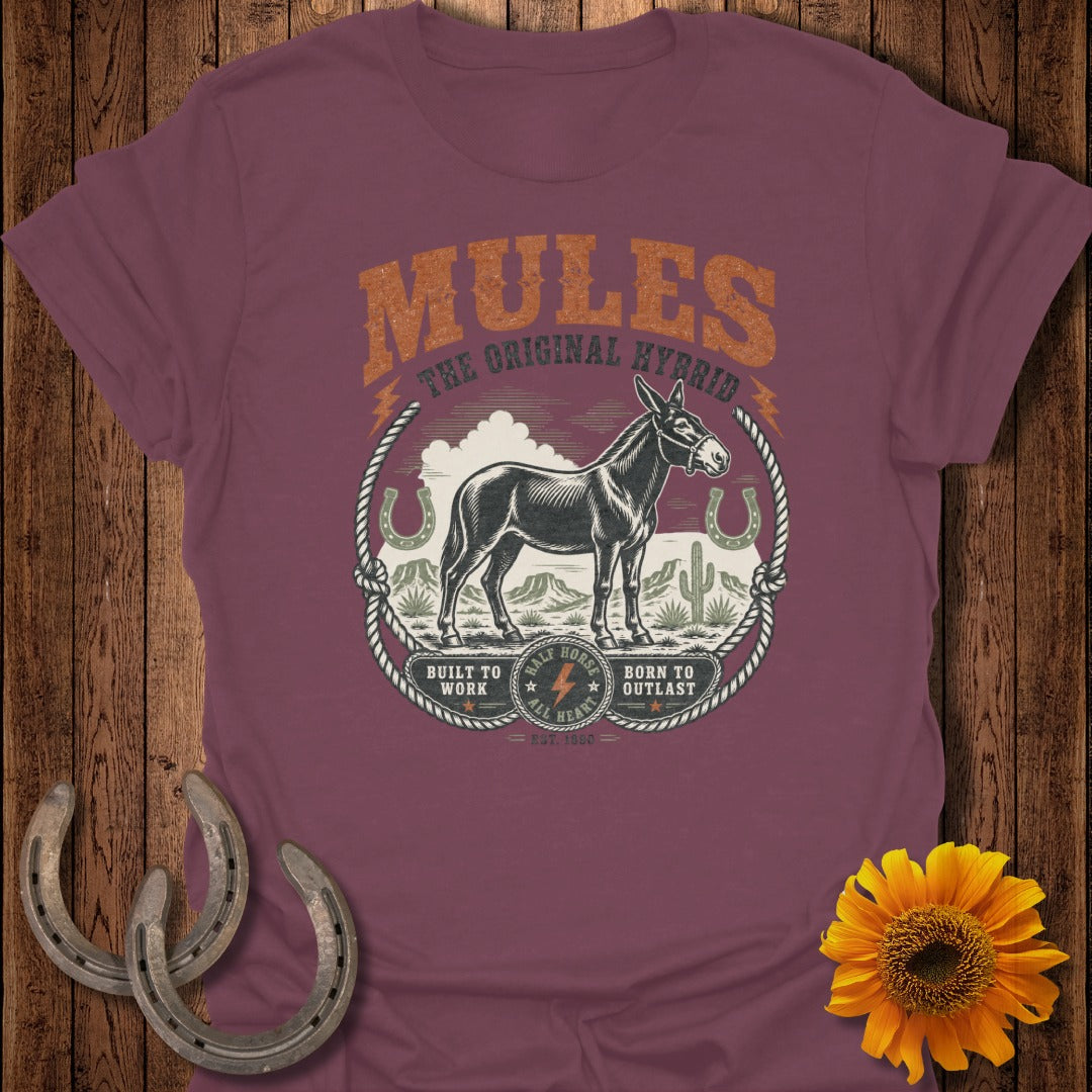 Mules the Original Hybrid design on a maroon t-shirt with western accents.