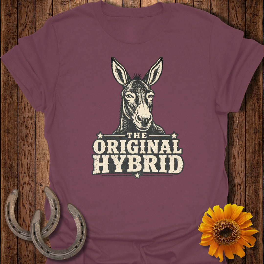Burgundy t-shirt with a donkey graphic and "THE ORIGINAL HYBRID" text.