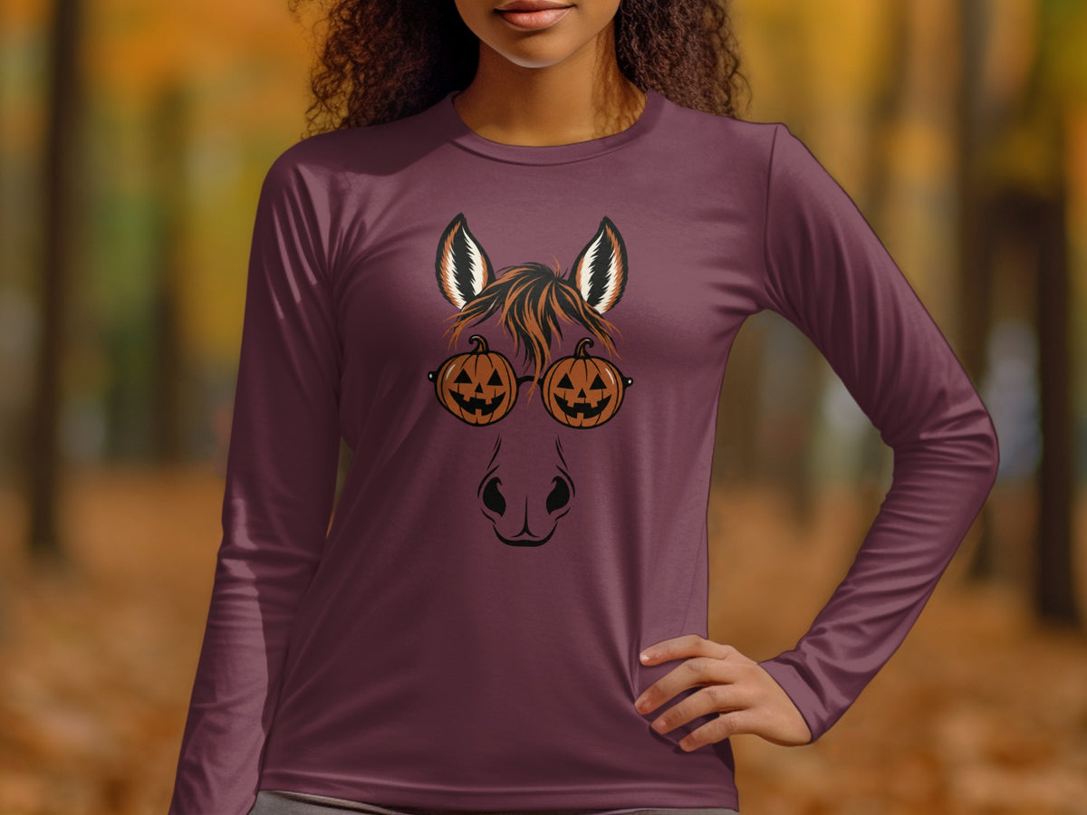 Long sleeve burgundy shirt with horse face graphic and pumpkin glasses.