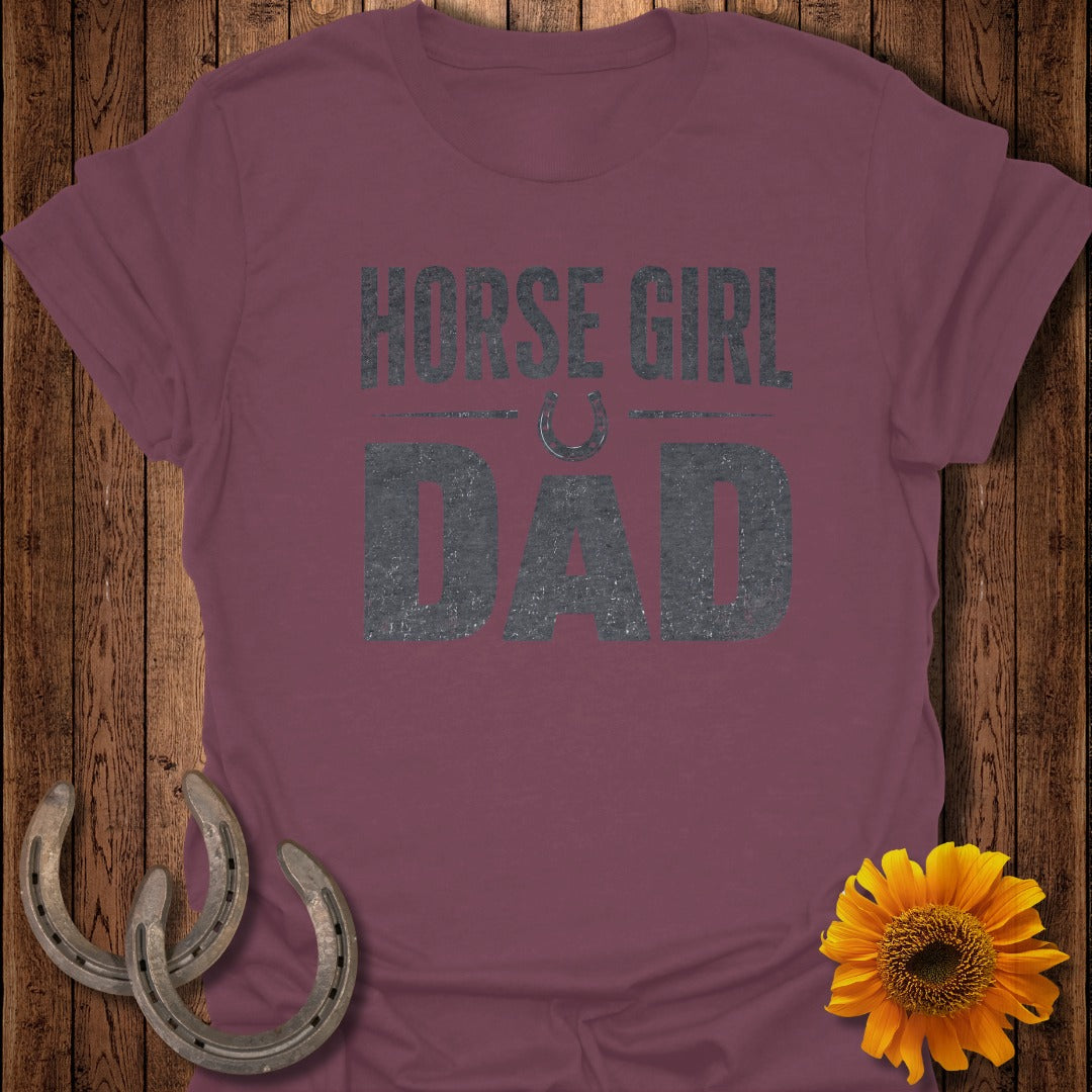 Burgundy t-shirt with "HORSE GIRL DAD" text and horseshoe graphic.