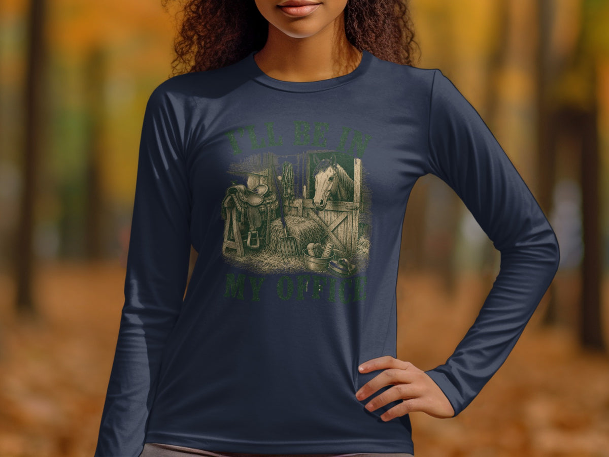 Long sleeve navy shirt with barn graphic and text "I'LL BE IN MY OFFICE".