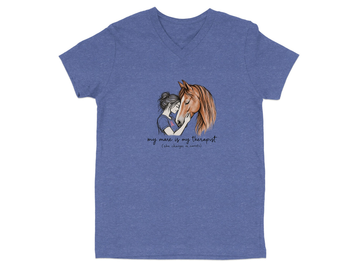 Illustration of a woman embracing a horse with text "my mare is my therapist".