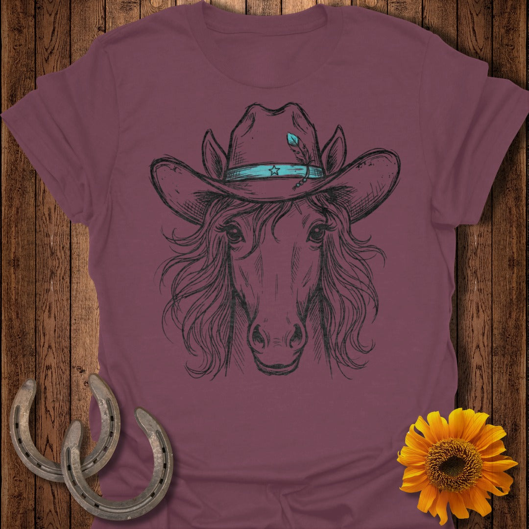 Horse head with cowboy hat and rustic background.